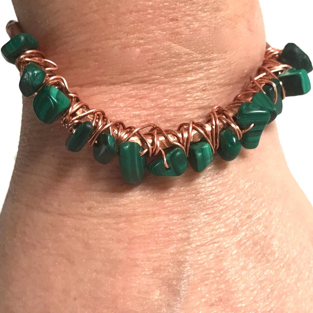 Genuine Malachite Gemstone Green Handmade Wire Wrap Cuff Solid Copper Bracelet - Picture 2 of 9